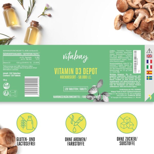 Vitabay Vitamin D3 Hochdosiert 50.000 I.E. - 120 Vegane Vitamin D Tabletten als Depot - Vit D Hochdosiert mit 50000 IE - Hochwertiges Vit D3 für lange Versorgung - Laborgeprüft – Bild 7