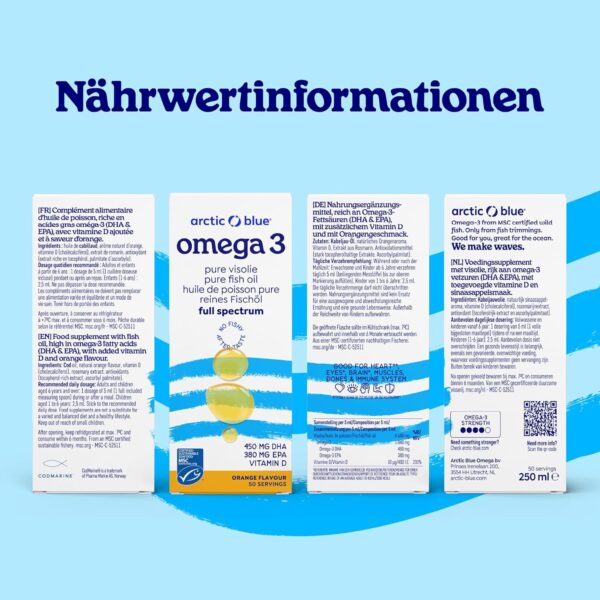 Arctic Blue Omega 3 Fischöl – 250 ml flüssig – MSC-Zertifiziert - hochdosiert mit DHA, EPA und Vitamin D – ohne Aufstoßen oder Fischgeruch – arktisches Fischöl – Orangengeschmack – Bild 2