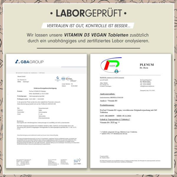 Vitamin D3 VEGAN 1000 IE - 365 Tabletten - Jahresvorrat Vitamin D3 - optimal hochdosiert - für Immunsystem und Knochen - ohne unerwünschte Zusatzstoffe - laborgeprüft mit Zertifikat - 100% vegan – Bild 5