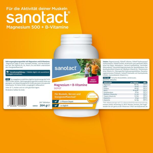 sanotact Magnesium 500 plus B Vitamine 180 Tabletten | Hochdosiertes Magnesium für Muskeln & Nerven | 100% Vegan – Bild 2