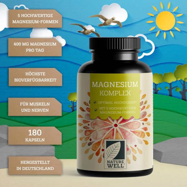Magnesium Komplex 180 Kapseln, 400 mg pro Tag aus 5 hochwertigen -Formen: -Oxid, Citrat, Bisglycinat, Malat & Ascorbat, optimale Bioverfügbarkeit, Vorrat für 3 Monate – Bild 2