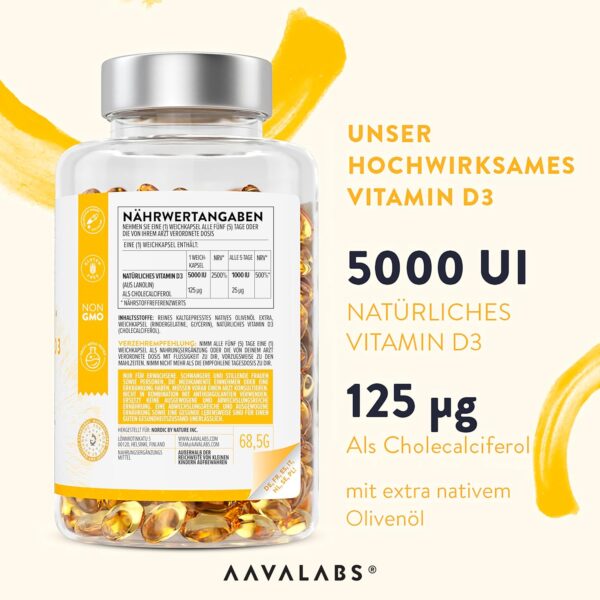 Vitamin D3 Hochdosiert Depot 5000 IU 365 Kapseln - Vitamin D3 5000 IE mit kaltgepresstem nativem Olivenöl Extra für optimale Absorption - Vitamin D Hochdosiert Ohne Gentechnik, glutenfrei, laktosefrei – Bild 3