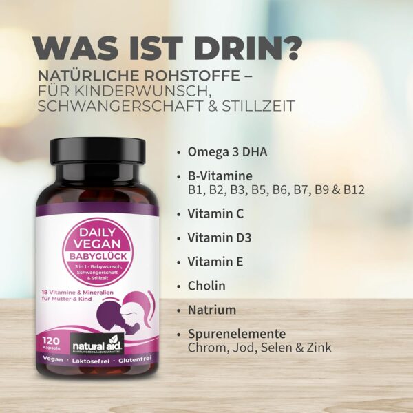 natural aid Daily Vegan Vitamin B12 Kapseln [100% vegan] 120 Stück Folsäure 3in1 laborgeprüft o. Zusätze in DE hergestellt Kinderwunsch Schwangerschaft Stillzeit Vitamin B12 – Bild 4