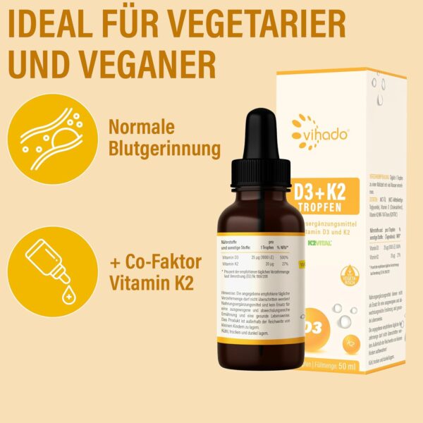 Vihado Vitamin D3 K2 Tropfen hochdosiert, max bioverfügbar, sicherer Markenrohstoff K2VITAL®, Vitamin D für Immunsystem + Knochen, vegetarisch, 50 ml (1700 Tropfen) – Bild 4