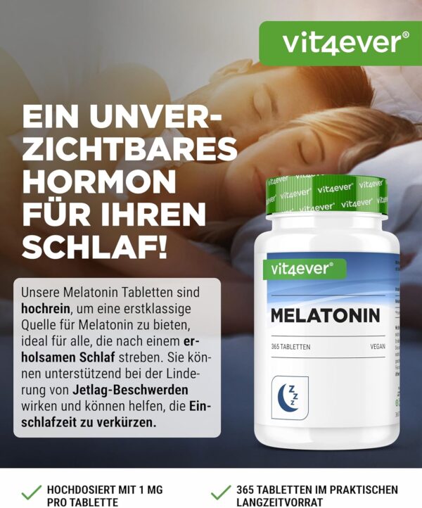 Melatonin - 365 Tabletten - 0,5 mg pro Tagesdosis (1/2 Tablette) - Laborgeprüft - Ohne unerwünschte Zusätze - Hochdosiert - Vegan – Bild 3