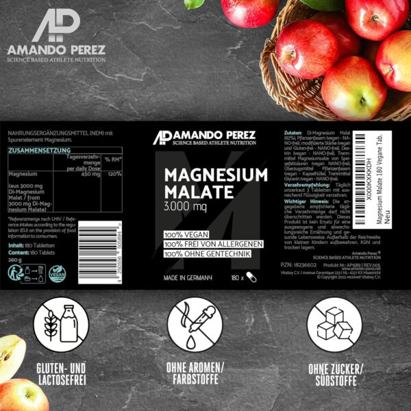 Amando Perez Magnesium Malat Tabletten 3000mg Hochdosiert - 180 Stück Magnesiummalat Vegan & Laborgeprüft (450mg Magnesium) Kapseln für Sport - Trägt zu einer normalen Muskelfunktion bei – Bild 7