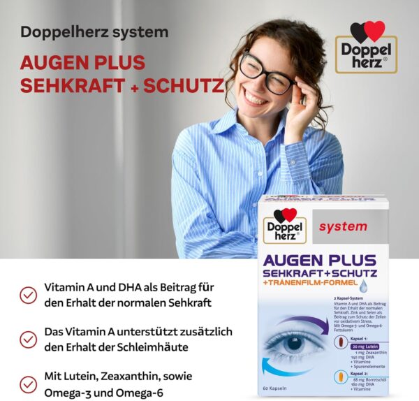 Doppelherz system AUGEN PLUS SEHKRAFT + SCHUTZ – Mit Vitamin A und der Omega-3 Fettsäure DHA als Beitrag für den Erhalt der normalen Sehkraft – 60 Kapseln – Bild 2