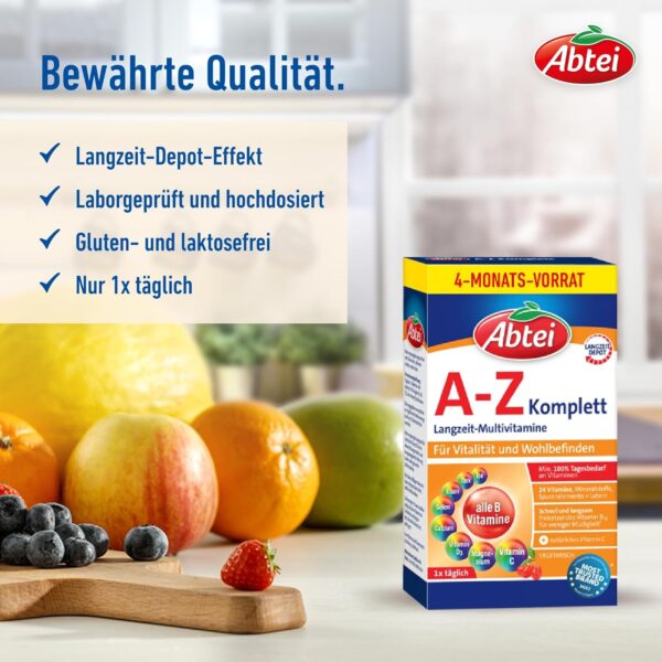 Abtei A-Z Komplett Langzeit-Multivitamine – Für mehr Vitalität – Mit 24 Vitaminen und Mineralstoffen – Glutenfrei, Laktosefrei, Vegetarisch – Vorratspackung – 120 Tabletten für 4 Monate – Bild 4