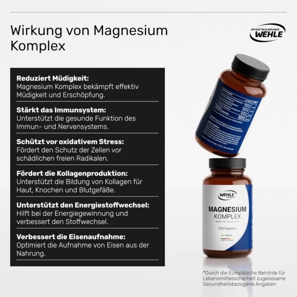 Magnesium Komplex 375mg elementares Magnesium je Tagesdosis. Magnesiumbisglycinat Magnesiumcitrat Magnesiummalat, hochdosiert, vegan (180 Kapseln) – Bild 3