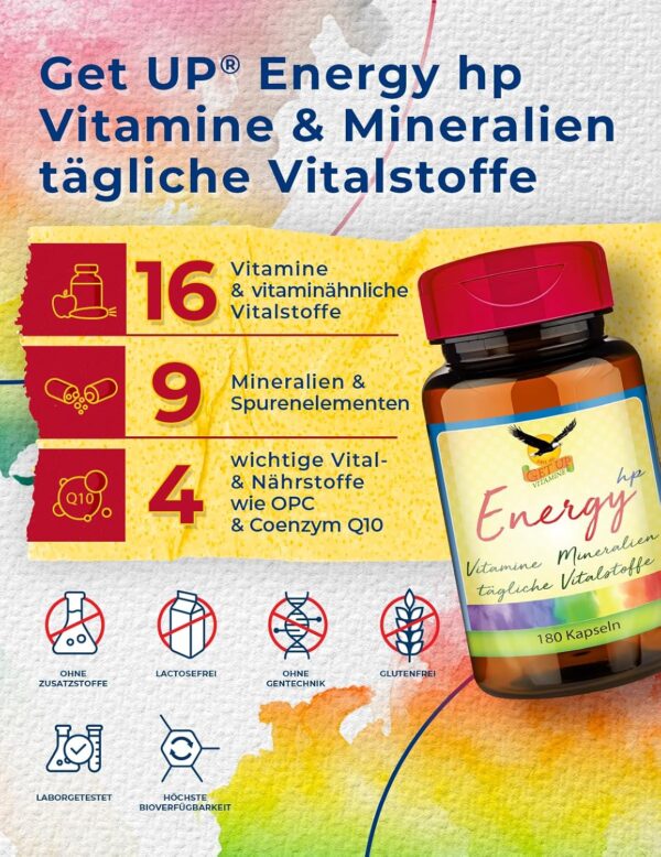 Get UP® Energy hp | 29 hochdosierte Vitamine Mineralien & Vitalstoffe | OPC, Coenzym Q10, Bor & Bioflavonoide | vegetarisch | 180 Kapseln im Glas – Bild 2