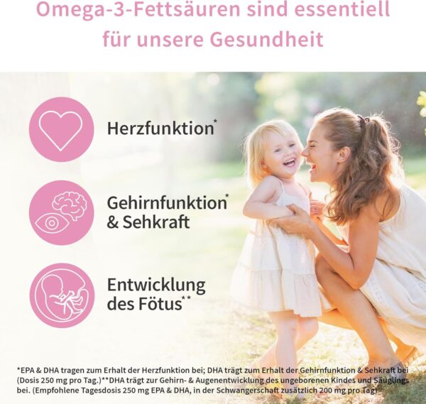 Premium Omega-3 Kapseln – für Mama & Baby – 293 mg DHA und 173 mg EPA – vor, während & nach der Schwangerschaft – sicheres & frisches Omega-3 – einfache Einnahme – 90 Mini-Kapseln – Bild 2