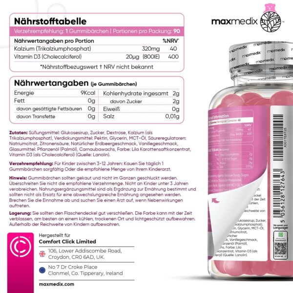 Calcium & Vitamin D3 Gummibärchen für Kinder - 90 vegetarische Gummies - 320 mg Kalzium & 800 IE Vitamin D3 - Für Immunsystem, Stoffwechsel & Knochen (EFSA) - Erdbeere & Vanille Geschmack - maxmedix – Bild 5