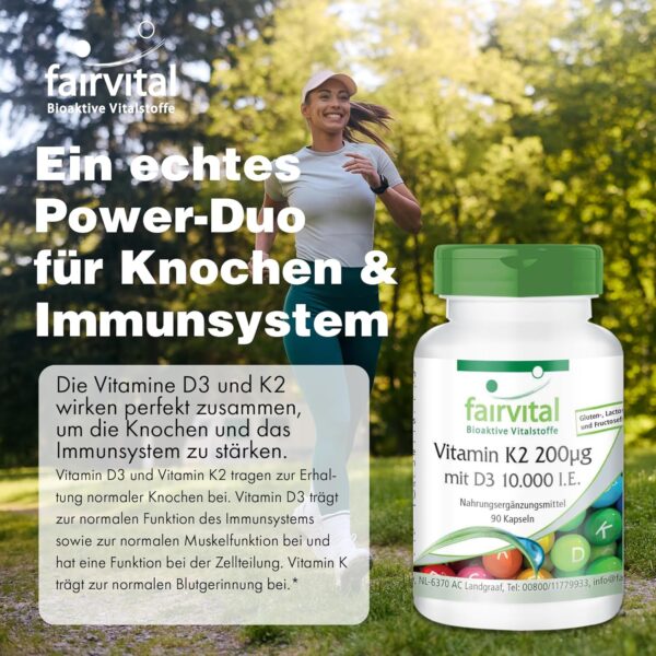 Fairvital | Vitamin D3 + K2 Kapseln - 90 Kapseln - Vitamin D3 10.000 I.E Depot + Vitamin K2 MK-7 200mcg pro Kapsel - HOCHDOSIERT & Vegan - nur 1 Kapsel alle 10 Tage – Bild 2