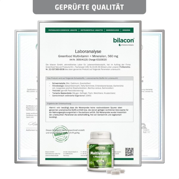 Multivitamin Kapseln Hochdosiert - 677 mg Vitamine, Mineralien und Spurenelemente pro Tag (120 vegane Kapseln) - A bis Z Vitamine für den optimalen Tagesbedarf - ohne Zusätze & Gentechnik - Greenfood – Bild 6