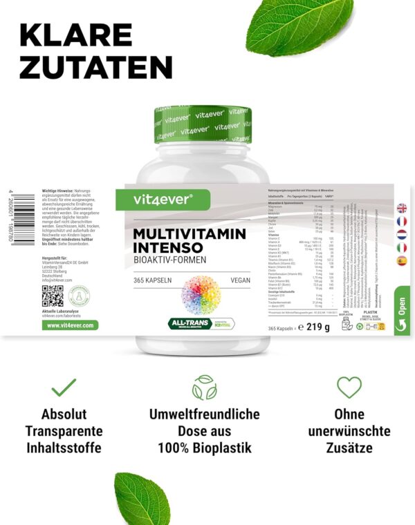 Premium Multivitamin A-Z - 365 hochdosierte Kapseln mit 26 Bioaktiv-Formen & Markenrohstoffe - Vitamine + Mineralien - All In One Komplex - Vegan – Bild 7
