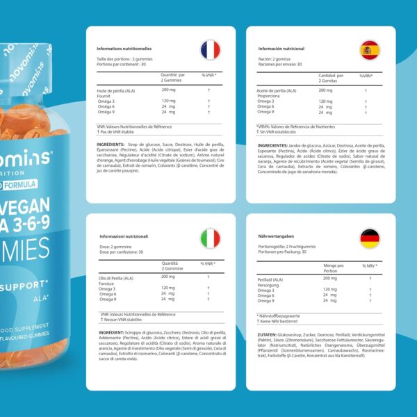Vegane Omega 3 6 9 Gummibärchen – 1 Monatsvorrat – Unterstützt die Gesundheit von Herz Gehirn und Augen – Omega 3 Vegan zum Kauen – Nachhaltige Pflanzliche Alternative zu Fischöl – Von Novomins – Bild 5