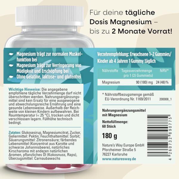 Magnesium Gummies hochdosiert - 180mg Magnesium für Kinder & Erwachsene aus Magnesiumcitrat für Muskeln und Nerven - laborgeprüft vegan Alternative zu Kapseln & Tabletten - 60 Stk hochdosiert – Bild 5