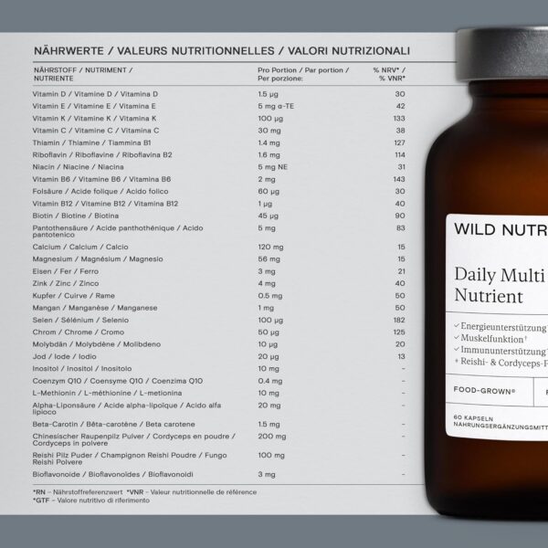 WILD NUTRITION ​​Food-Grown® Tägliches Multivitamin für Männer, Zink und Vitamin C zur Muskelregeneration + Energie & Immun-Support | Breitspektrum Multivitamine für Männer | 60 Kapseln – Bild 2