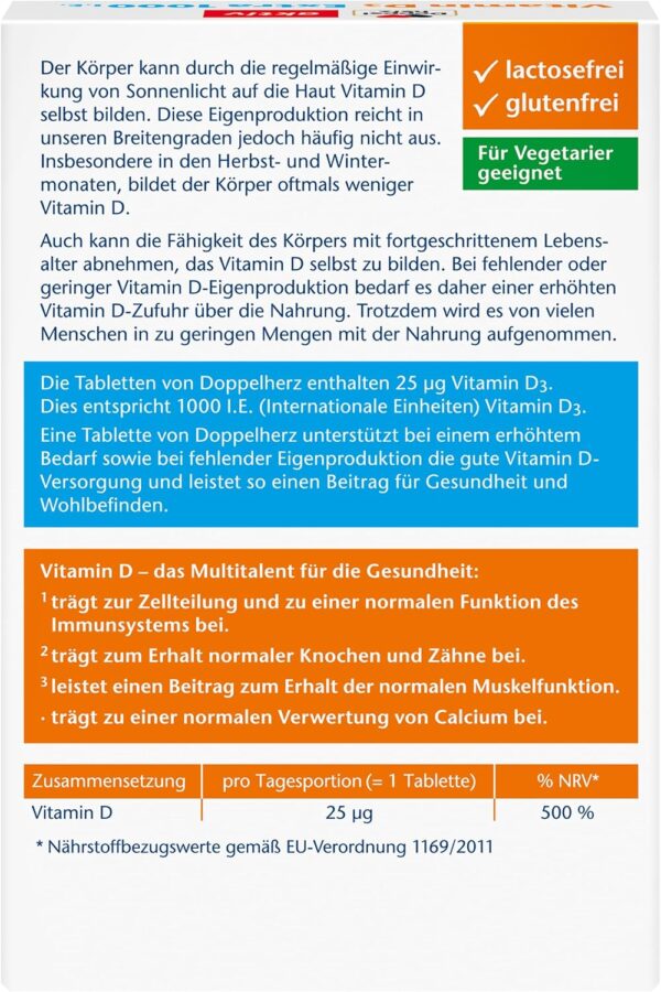 Doppelherz Vitamin D 1000 - Vitamin D als Beitrag zur normalen Funktion des Immunsystems, der Knochen & Muskelfunktion - 45 Mini-Tabletten – Bild 2