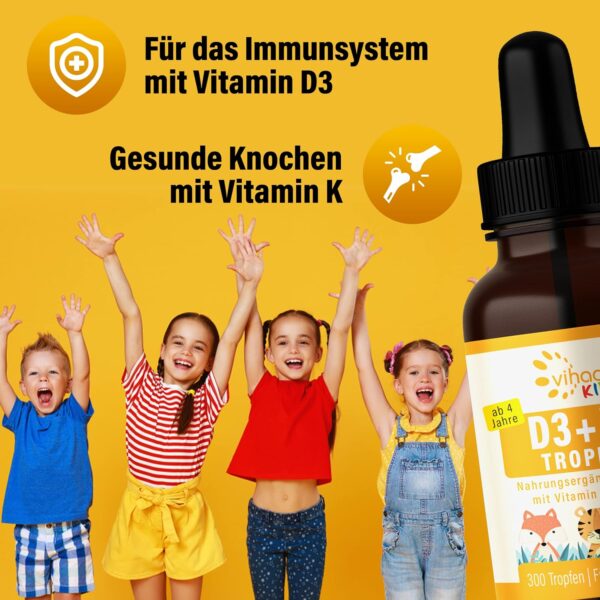 Vihado Vitamin D3 + K2 für Kinder von 4-12 Jahre, sicherer Markenrohstoff, vegan, 300 Tage, 12,5 μg 500 i.E Vitamin D aus Flechten, Kinder Vitamine, 10 ml (300 Tropfen) – Bild 6