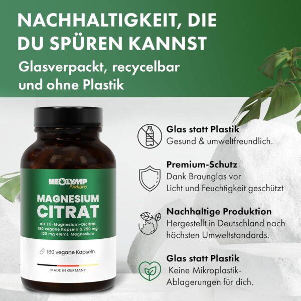 NEOLYMP Magnesiumcitrat Kapseln hochdosiert - 360mg elementares Magnesium pro Dosis - produziert in Deutschland - vegan, laborgeprüft & nachhaltiges Braunglas – Bild 8