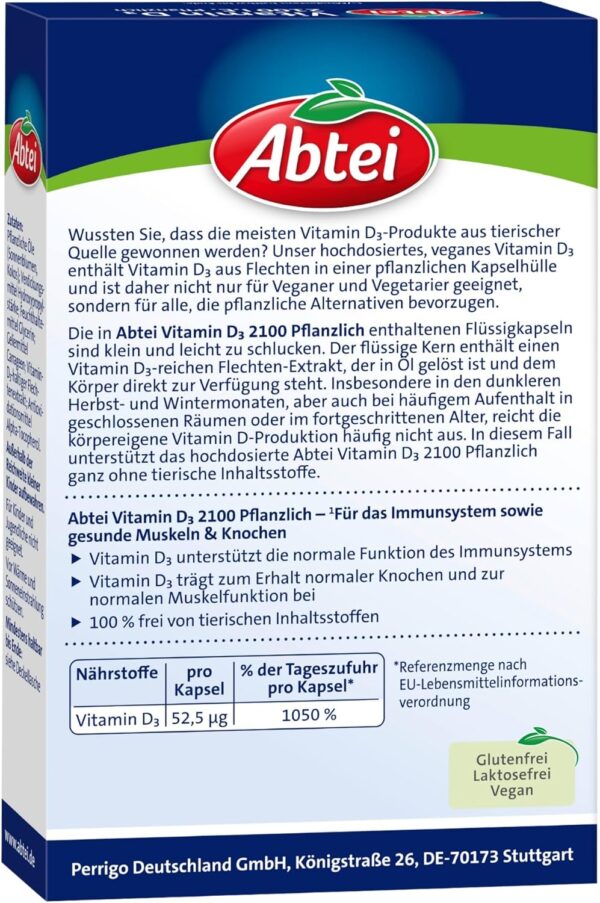 Abtei Vitamin D3 Pflanzlich - Veganes Nahrungsergänzungsmittel für Immunsystem, Knochen und Muskeln - hochdosiert, laktosefrei, glutenfrei, direkt verfügbar - 1 x 24 Flüssigkapseln – Bild 2