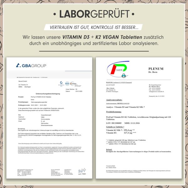 Vitamin D3 K2 VEGAN - 180 Tabletten mit 5000 IE D3 + 200 mcg K2 (MK7) - Vitamin D3 hochdosiert und vegan + Vitamin K2 in bioaktiver MK7-Form - laborgeprüft mit Zertifikat - Vorratspack: 180 Tabletten – Bild 5