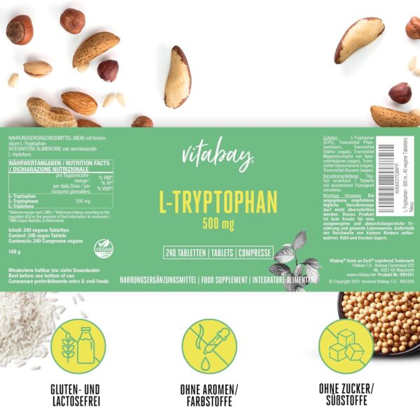 Vitabay L Tryptophan Hochdosiert 500mg - 240 Tabletten L-Tryptophan Vegan & Laborgeprüft - Triptofan Ltrypthophan ohne unerwünschte Zusatzstoffe – Bild 7