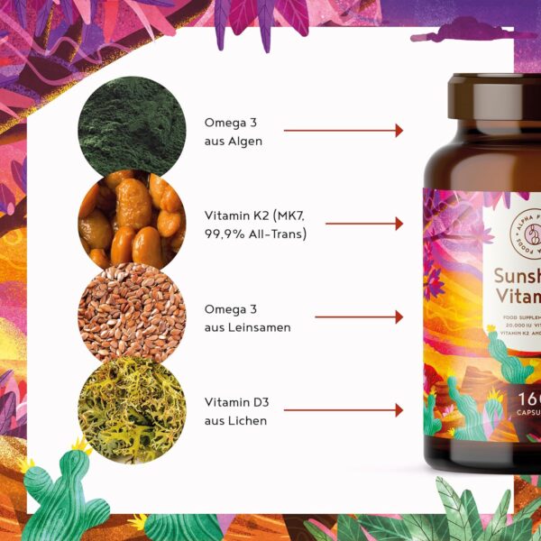 Vitamin D3 + K2 - hochdosiert 20.000 IE - 160 Kapseln - vitaMK-7, 99,99% All-Trans und pflanzliche Omega 3 Fettsäuren aus Leinsamen und Algen - SONNENVITAMINE – Bild 3