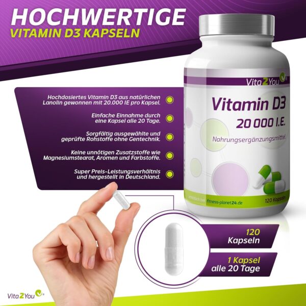 Vita2You Vitamin D3-20.000 IE - 120 Kapseln - Hochdosiert - 1000 I.E. pro Tag - 20000 Einheiten - Premium Qualität - Made in Germany – Bild 2