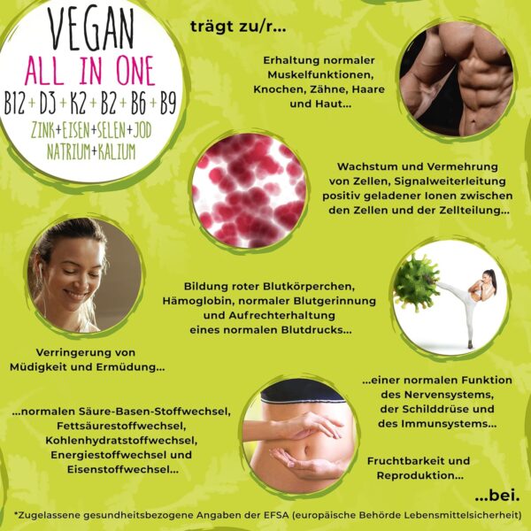Vegan All-in-One - Vitamin B12+D3+K2+B2+B6+B9 Folsäure + Zink + Eisen + Selen + Natrium + Kalium + Jod - Komplex mit 120 Kapseln (4 Monats-Vorrat) – Bild 4