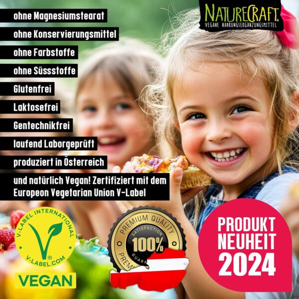 Vegan Kids Multivitamin - Vitamin A+B1+B2+B3+B5+B6+B7+B9+B12+C+D3+K2+E + Cholin + Eisen + Zink + Jod + Kalium + Selen + Natrium + Magnesium - Komplex für Kinder mit 120 Kapseln (max. 4 Monats-Vorrat) – Bild 6
