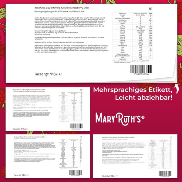 MaryRuth's, Liquid Morning Multivitamin Essentials+, 946ml, breites Spektrum an Vitaminen je Dosis, Himbeerengeschmack, Vegan, Glutenfrei, Sojafrei, GMO frei – Bild 6