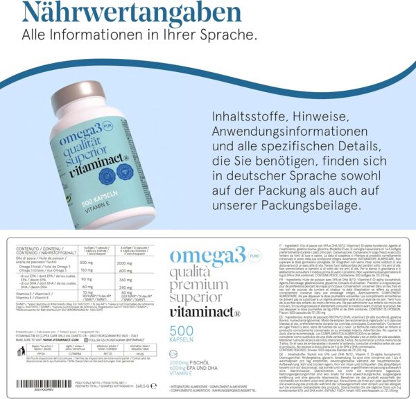 Omega 3 Kapseln Hochdosiert (500 KAPSELN) Mit Vitamin E Natürlich - 2000 mg Reines Fischöl in Triglycerid - Form Pro Dosis Für Eine Bis zu 70% Höhere Aufnahme - 600 mg EPA und DHA pro Dosis. – Bild 7