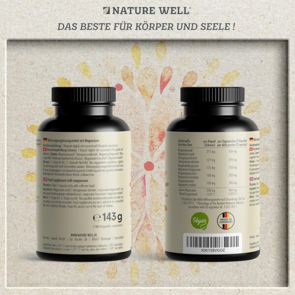 Magnesium Komplex 180 Kapseln, 400 mg pro Tag aus 5 hochwertigen -Formen: -Oxid, Citrat, Bisglycinat, Malat & Ascorbat, optimale Bioverfügbarkeit, Vorrat für 3 Monate – Bild 6