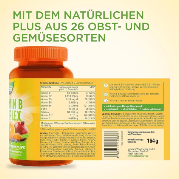 Vitamin B Komplex Multivitamin Gummibärchen hochdosiert - lecker & gesunde Gummies mit Vitamin C Folsäure & 8 B-Vitamine B1 B2 B3 B5 B6 Biotin Vitamin B12 - vegetarisch- tägliche Energie - 60 Stk – Bild 6