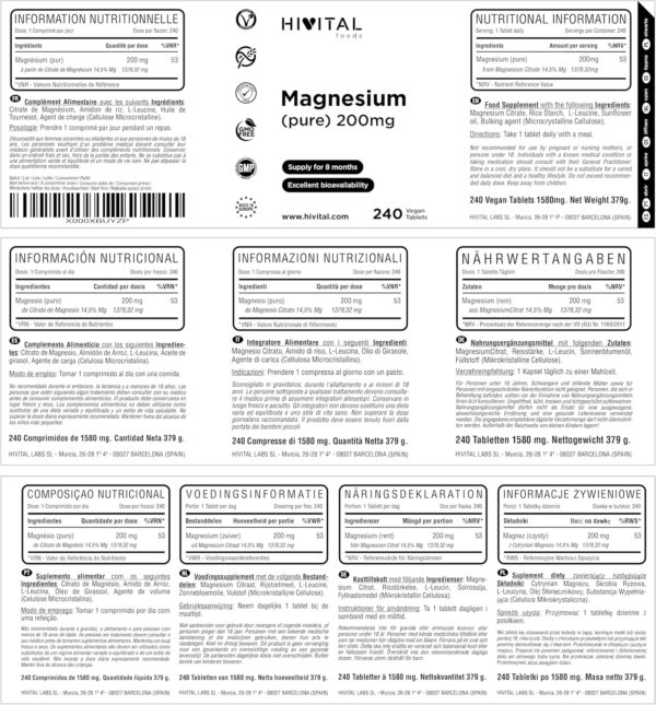 Magnesium 200 mg (gewonnen aus der MagnesiumCitrat). 240 Vegane Tabletten, Vorrat für 8 Monate). Produkt entwickelt und hergestellt von HIVITAL Laboratories – Bild 2