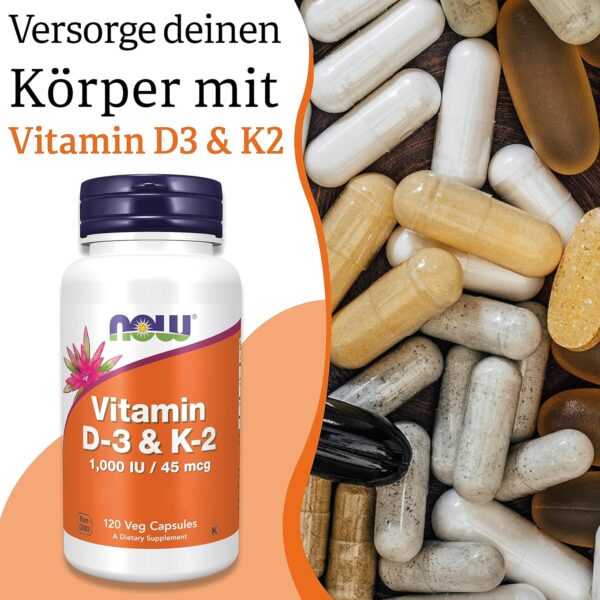Now Foods, Vitamin D3 & K2, 1.000 IU, 120 Kapseln, Laborgeprüft, Multivitamine, Glutenfrei, Sojafrei, Vegetarisch – Bild 2