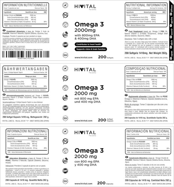 Omega 3 2000 mg | 200 Kapseln für mehr als 3 Monate | Mit 800 mg EPA, 400 mg DHA und natürlichem Vitamin E | Das einzige mit spanischem Fischöl, das zur Gesundheit von Herz, Gehirn und Augen beiträgt – Bild 2