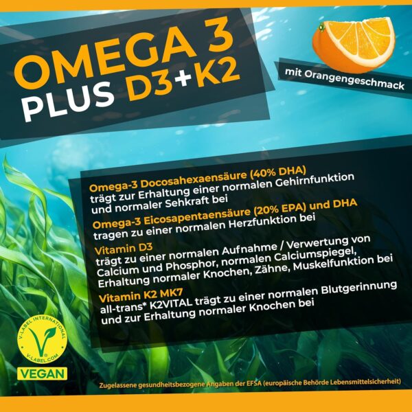 Omega 3 Algenöl PLUS Vitamin D3+K2 MK7 - davon 40% DHA & 20% EPA - mit Orangenöl und Rosmarinextrakt, vegan - Deutsche Qualität - für die ganze Familie – Bild 3