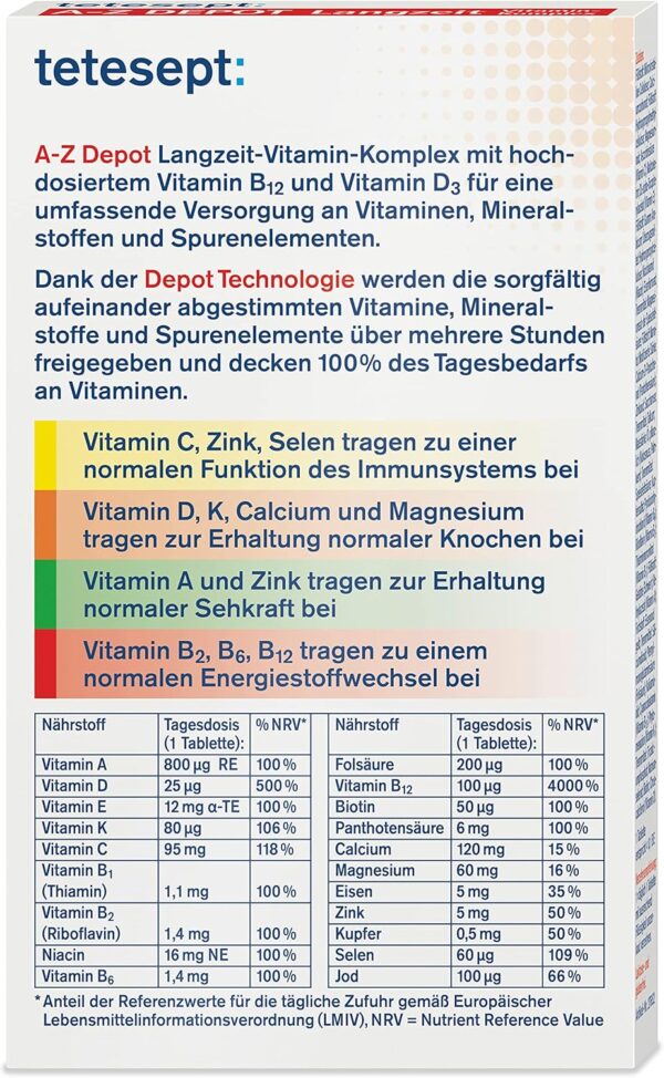 tetesept Vitamin A-Z Depot Tabletten | 1 x 40 Tabletten Depot | Nahrungsergänzungsmittel für eine umfassende Versorgung an Vitaminen, Mineralstoffen und Spurenelementen – Bild 2