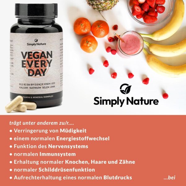 Vegan Every Day - Multivitamin Mineralstoff Komplex- Hochdosiert - 120 Kapseln - Deutsche Qualität - Laborgeprüft - B12+B2+B6+B9 Folsäure+D3+K2+E+EISEN+JOD+KALIUM+NATRIUM+SELEN+ZINK – Bild 4