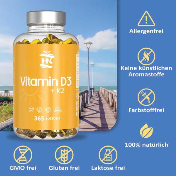 Vitamin D. (5000 IE) 365 Kapseln Vitamin D3 + K2 Hochdosiert Unterstützt Immun Und Knochenfunktion Hohe Konzentration Antioxidantien Antifettiga Weichkapseln Premium – Bild 3