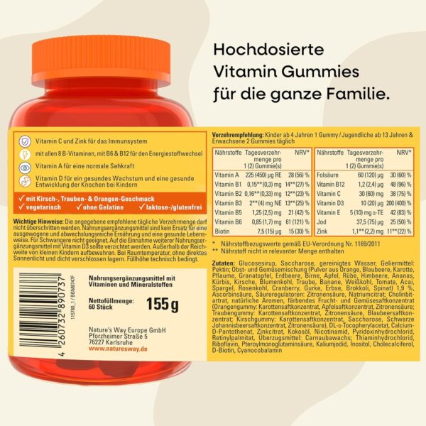 Multivitamin Gummibärchen Vitamine Kinder Jugendliche Vitamin B Komplex B3 B6 B12 C und Zink - 60 Vitamin Gummies ohne Gluten Laktose Gelatine ab 4 Jahren – Bild 6
