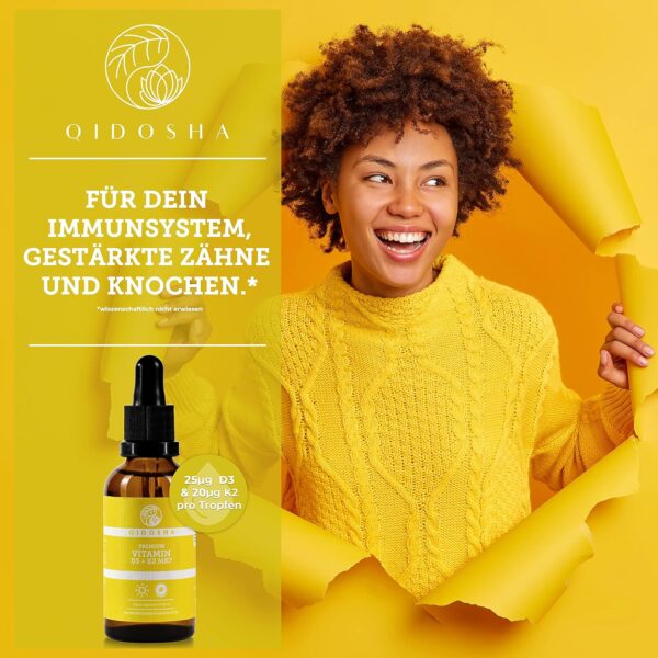 QIDOSHA® Premium Vitamin D3 K2 Tropfen, 50 ml, Wirkstoffmenge in externem Labor bestätigt, 1000 I.E. Vitamin D3 je Tropfen, hoch bioverfügbar durch K2 All-Trans, vegetarisch, Vitamin D Tropfen mit K2 – Bild 8