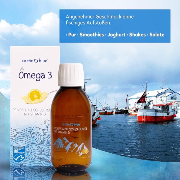 Arctic Blue Omega 3 Fischöl – 150 ml flüssig – MSC-Zertifiziert – hochdosiert mit DHA, EPA und Vitamin D – ohne Aufstoßen oder Fischgeruch – arktisches Fischöl – Orangengeschmack – Bild 5