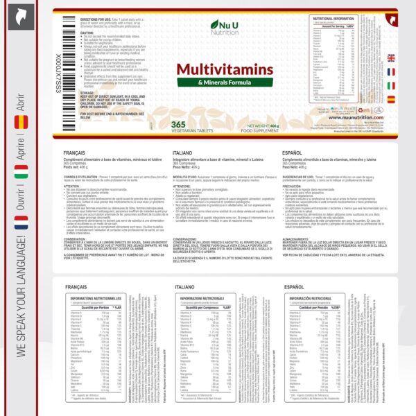 Multivitamin & Mineralstoffe A-Z - 365 Vegetarische Tabletten - 1 Jahresvorrat - 25 Vitamine und Mineralstoffe pro Tablette Hochdosiert - Hergestellt en Europa - Nu U Nutrition – Bild 2