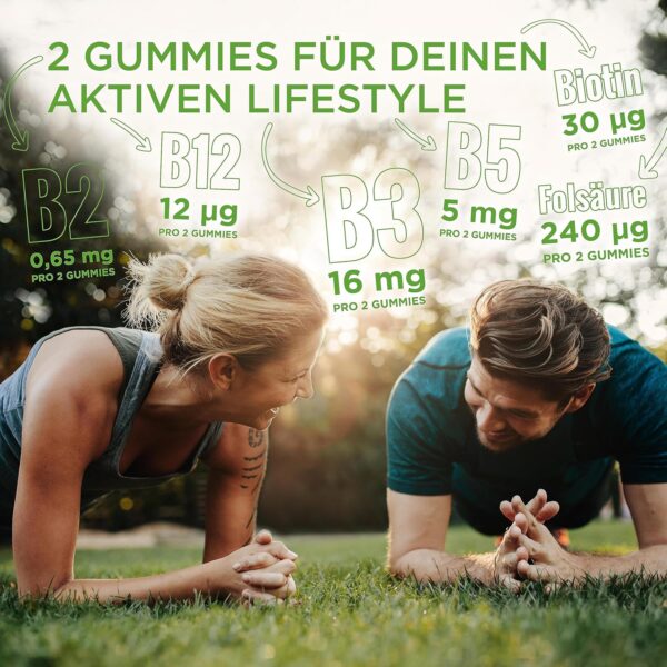 Vitamin B Komplex Multivitamin Gummibärchen hochdosiert - lecker & gesunde Gummies mit Vitamin C Folsäure & 8 B-Vitamine B1 B2 B3 B5 B6 Biotin Vitamin B12 - vegetarisch- tägliche Energie - 60 Stk – Bild 3