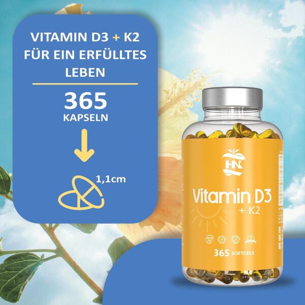 Vitamin D. (5000 IE) 365 Kapseln Vitamin D3 + K2 Hochdosiert Unterstützt Immun Und Knochenfunktion Hohe Konzentration Antioxidantien Antifettiga Weichkapseln Premium – Bild 5