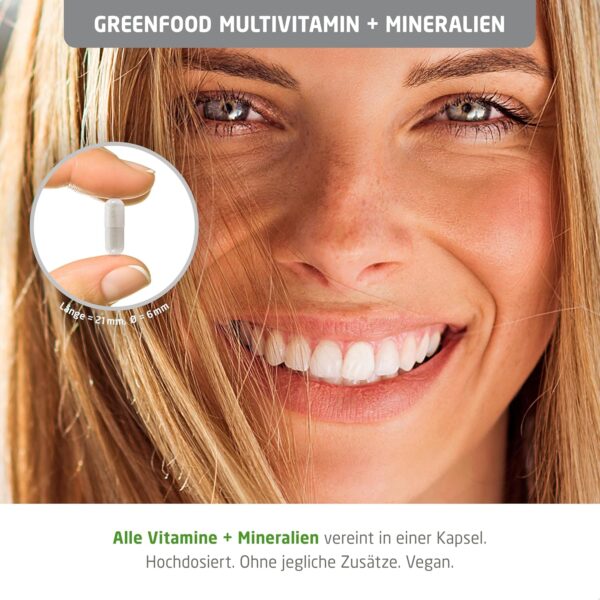 Multivitamin Kapseln Hochdosiert - 677 mg Vitamine, Mineralien und Spurenelemente pro Tag (120 vegane Kapseln) - A bis Z Vitamine für den optimalen Tagesbedarf - ohne Zusätze & Gentechnik - Greenfood – Bild 3